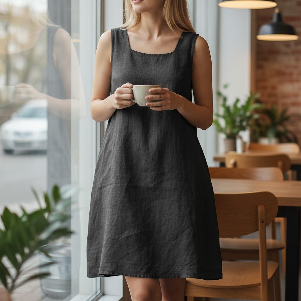 Kim Rogers Shift Dress Womens 18 Black Linen‎ Sleeveless Classic Office Lined